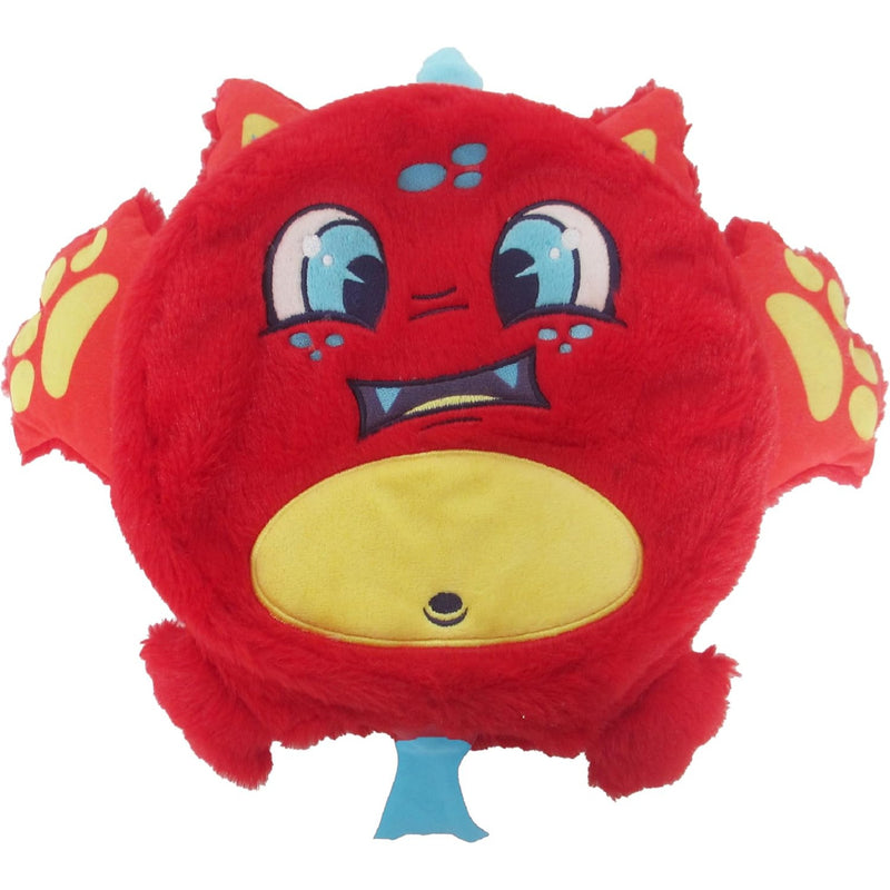 Picture of red scented (cherry) plush Fart Monster on white background.  Name is Zipper.  