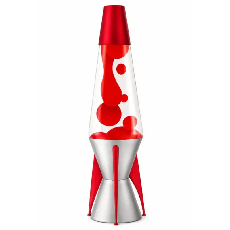 Schylling AstroSurge Lava Lamp.  Silver base with red wings.  Lava was red within clear liquid on a white background.