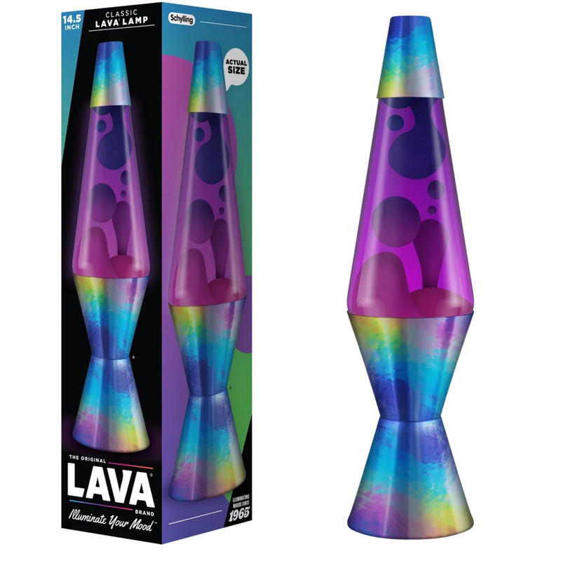 Schylling's Chameleon Lava Lamp showing both the box and hte lamp.  Lamp base is multicolored.  The liquid is purple in color.  Picture is on a white background. 