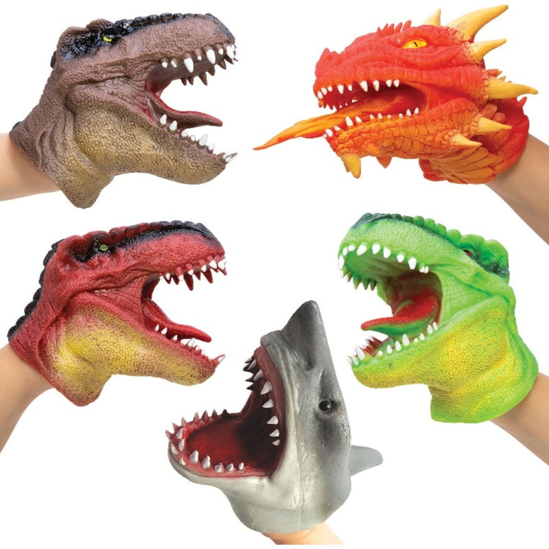 Assortment of colorful animal hand puppets including a dinosaur, dragon, shark, and alligator.