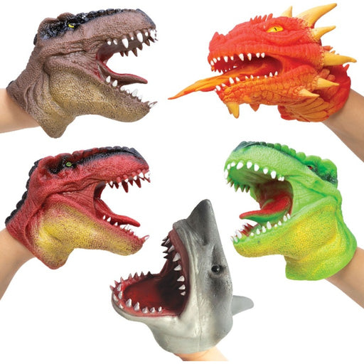 Assortment of colorful animal hand puppets including a dinosaur, dragon, shark, and alligator.