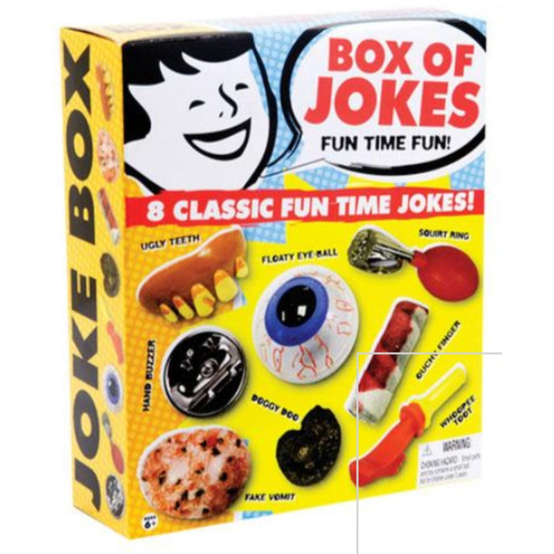 Box of Jokes with various joke items on a yellow background