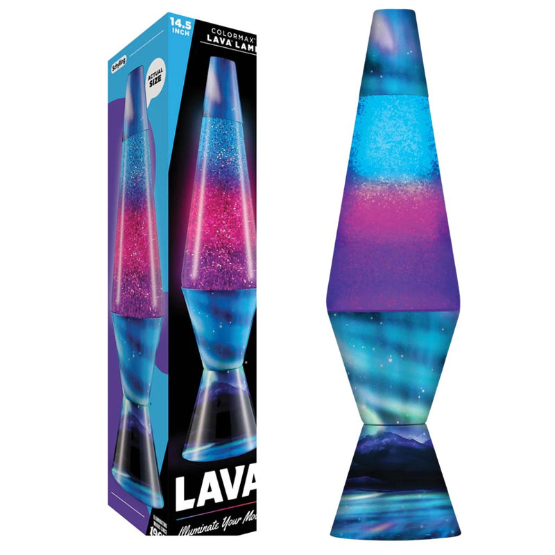 Northern Lights Lava Lamp with blue, pink and purple design next to its packaging.