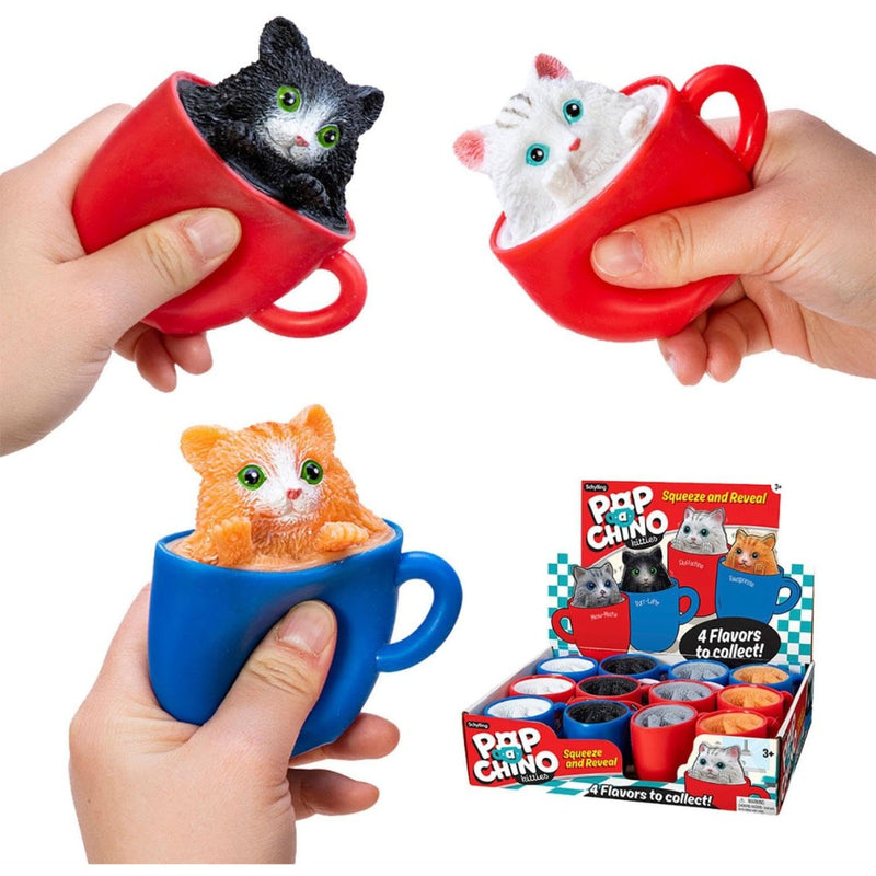 Pop A Chino Kitty squeeze toys showing cats popping out of colorful coffee cups