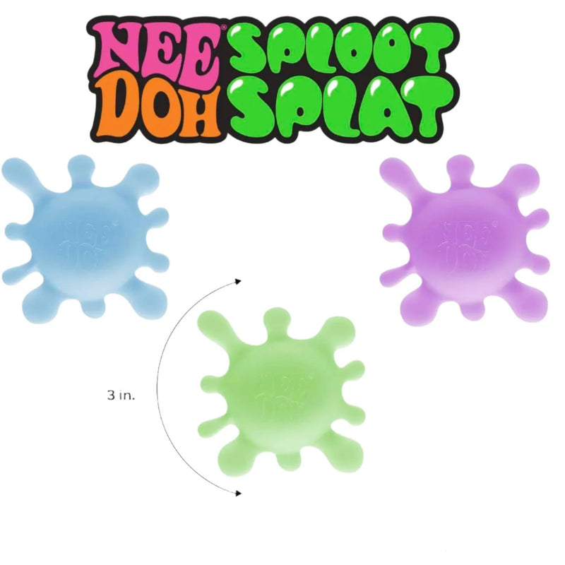 Three splatter-shaped novelty items in light blue, light green, and light purple, with a large colorful 'NEE SPLOOT DOH SPLAT' logo above and a '3 in.' size arrow graphic on a white background.