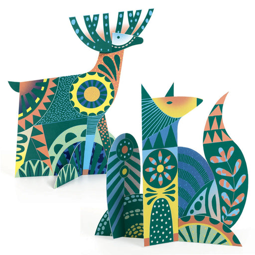 Two colorful paper animal figures with geometric folk art patterns standing upright