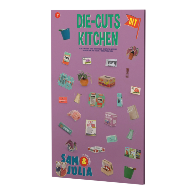 Die-Cuts Kitchen craft sheet with various miniature kitchen items on purple background