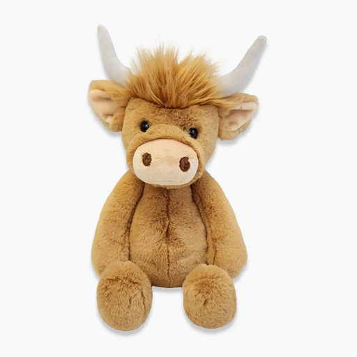 Brown Highland cow plush toy with fuzzy hair and white horns on white background