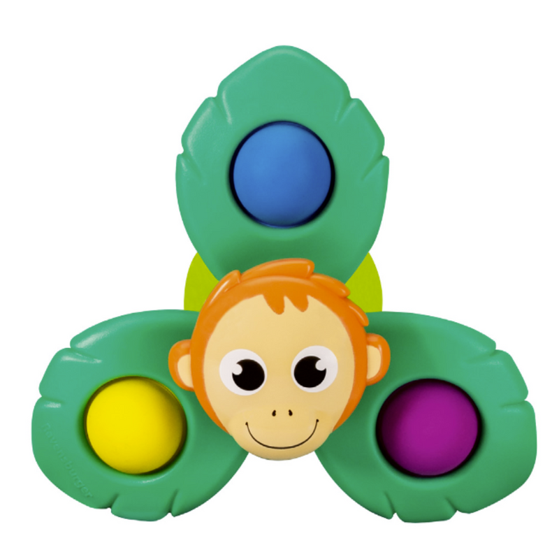 Green spinner toddler toy with monkey face center and colorful poppers in petals.