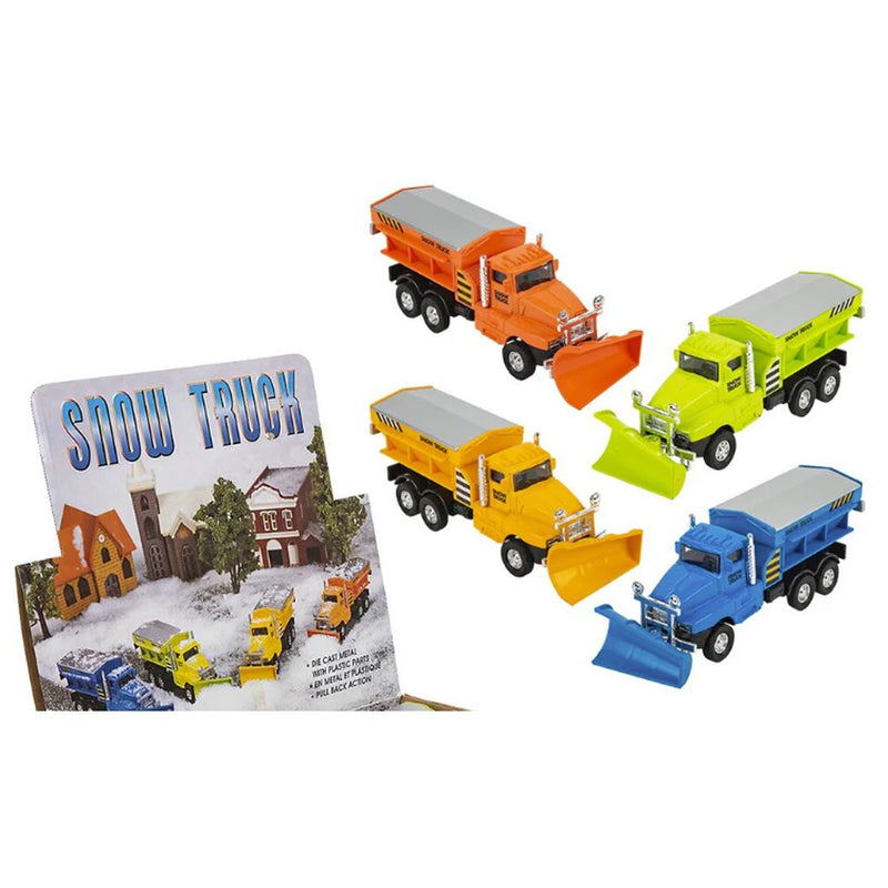 Set of four 6.5 inch diecast snow plow trucks in orange yellow green and blue colors