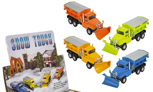 Set of four 6.5 inch diecast snow plow trucks in orange yellow green and blue colors