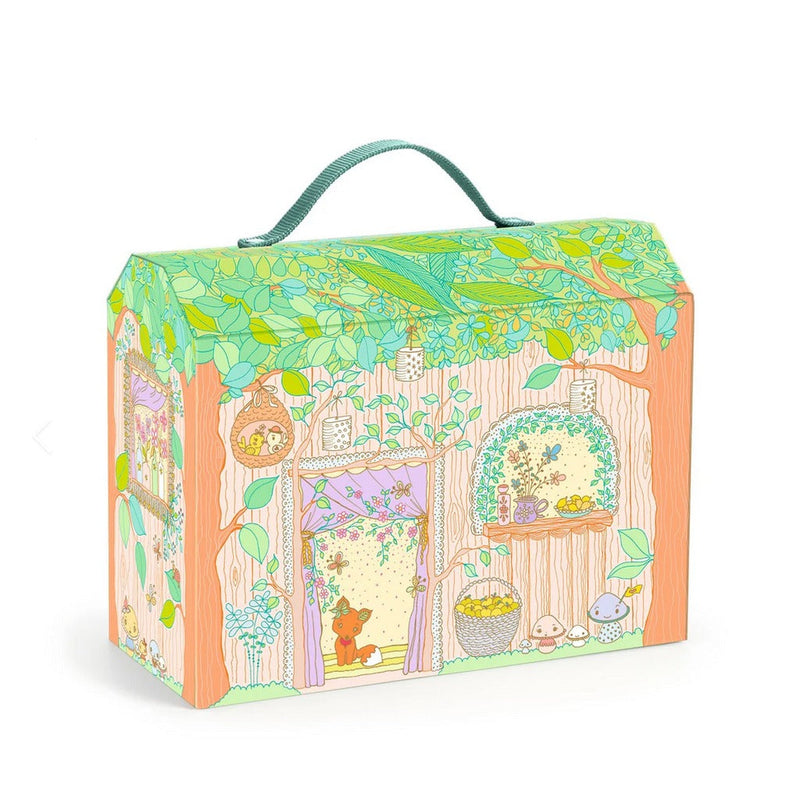 DJECO Tinily Sylvia & Fox House carry case with whimsical treehouse illustration and green handle