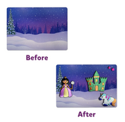 Foil Fun before and after showing princess unicorn winter scene activity kit