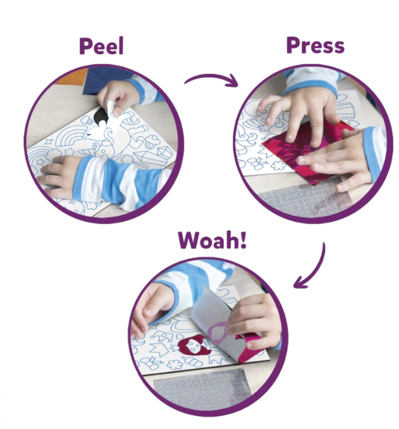 Three-step instruction diagram showing peel, press, and reveal process for foil art activity