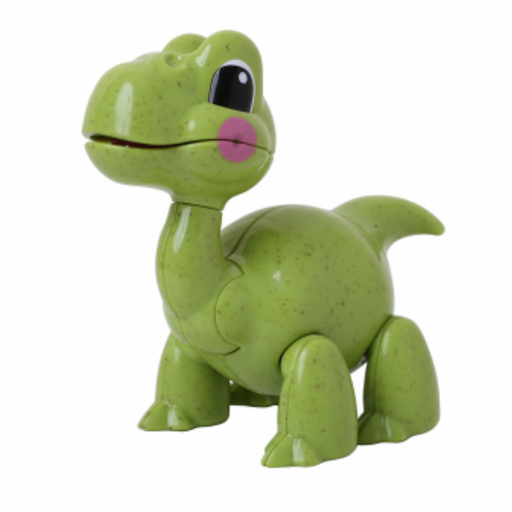 Green toy dinosaur figure with black eyes and pink nose on white background