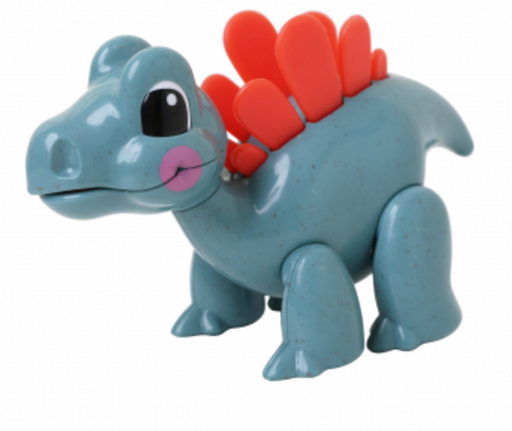 Blue plastic toy stegosaurus with red spikes on white background