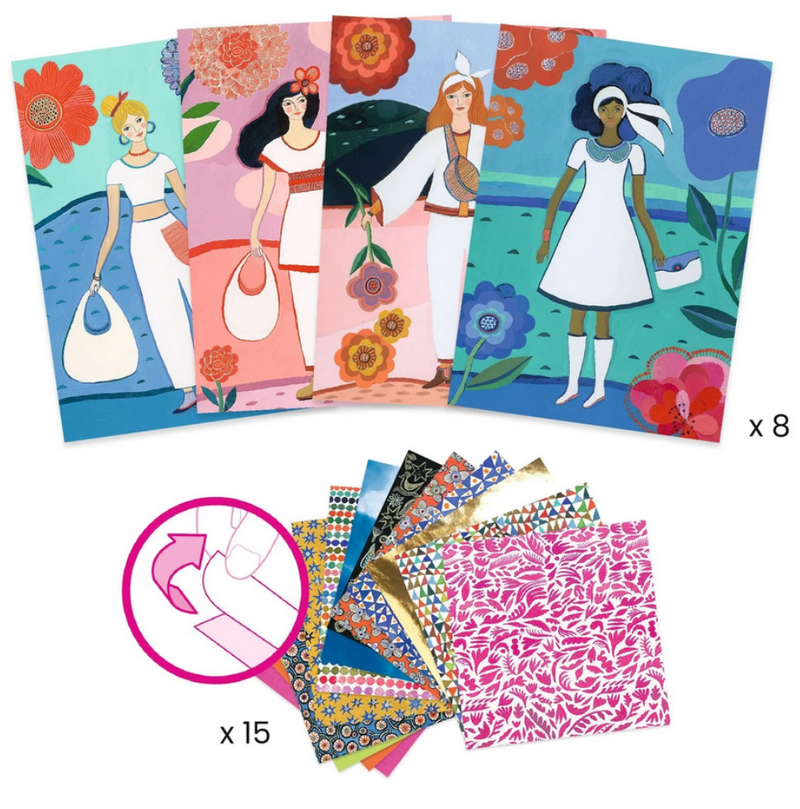 DJECO Fashion Magic Sticker Sheets with 8 illustrated fashion cards and 15 patterned transfer sheets