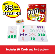 Set game packaging with cards and text about awards and card quantity on a white background