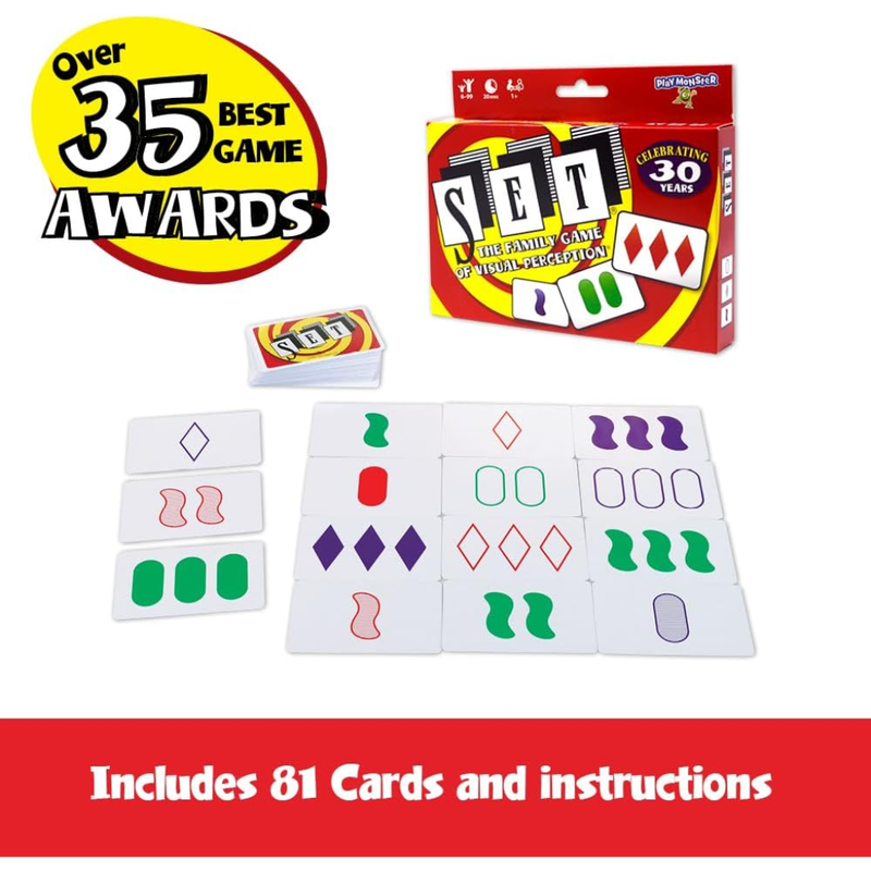 Set game packaging with cards and text about awards and card quantity on a white background
