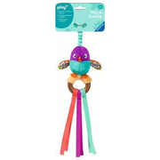 Colorful bird-shaped baby toy from Ravensburger with ribbons tied to a ring on a white background