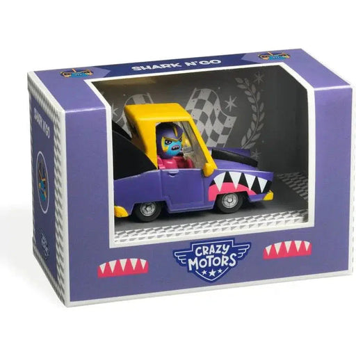DJECO Crazy Motors Shark'n Go purple and yellow toy car with shark design in packaging