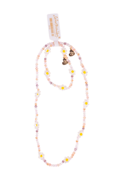 Pink crystal beaded necklace and bracelet jewelry set with daisy flower accents