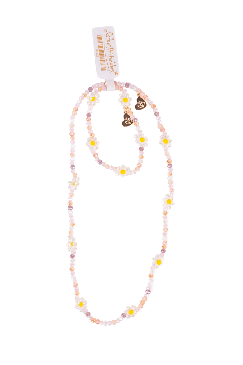 Pink crystal beaded necklace and bracelet jewelry set with daisy flower accents