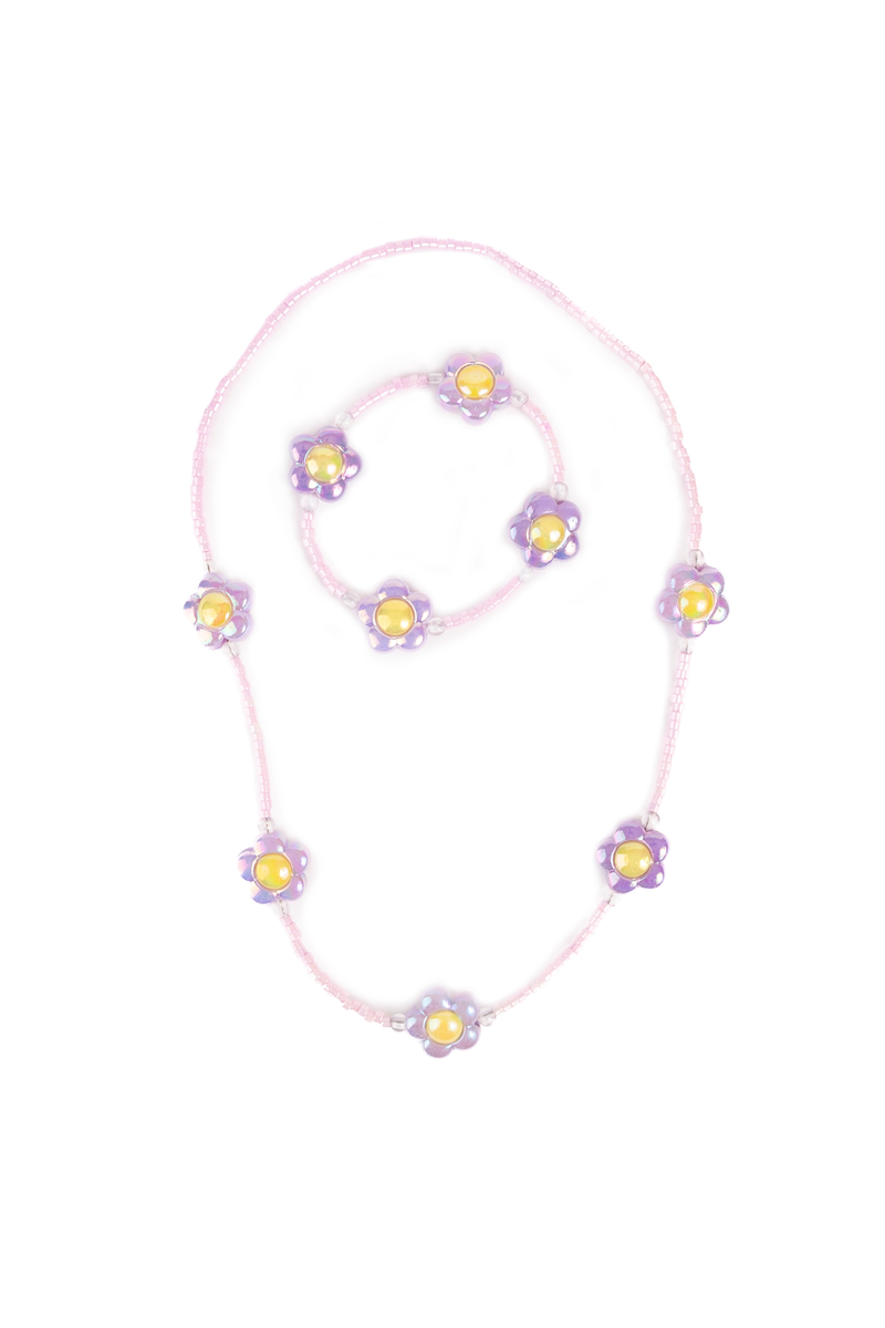 Pink beaded necklace and bracelet set with purple flower charms and yellow centers