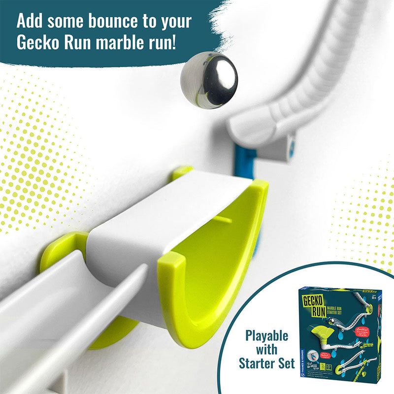 Gecko Run trampoline piece bouncing marble on white track system with starter set packaging