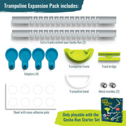 Gecko Run Trampoline Expansion Pack components including tracks, adapters, trampoline frame and marbles