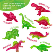 Dinosaur gummy candy making kit showing 8 colorful dinosaur shapes on white background