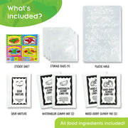 Contents overview showing dinosaur gummy candy kit ingredients and plastic molds