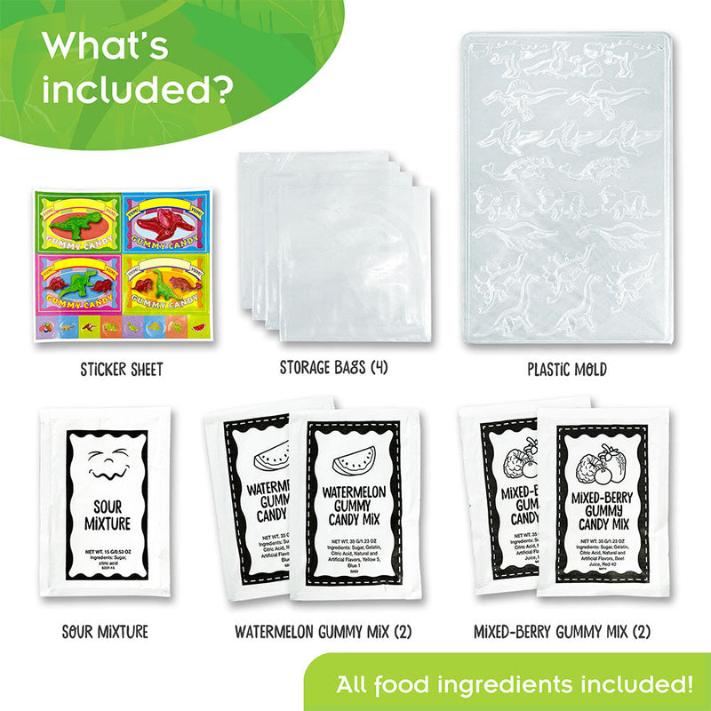 Contents overview showing dinosaur gummy candy kit ingredients and plastic molds