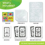 Contents overview showing dinosaur gummy candy kit ingredients and plastic molds