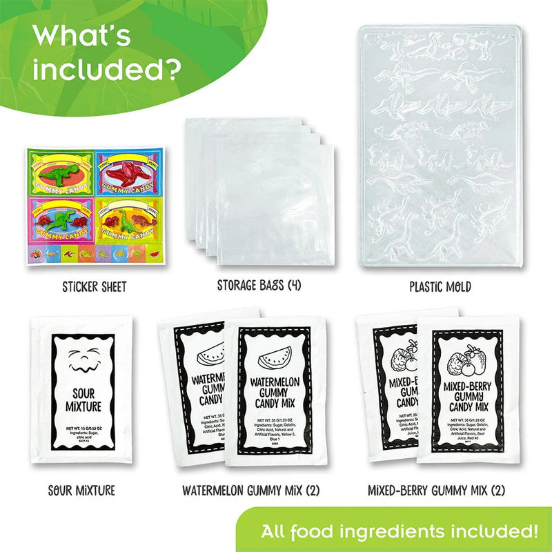 Contents overview showing dinosaur gummy candy kit ingredients and plastic molds