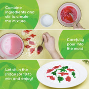 Step-by-step instructions showing how to make dinosaur gummy candies with mixing and molding process