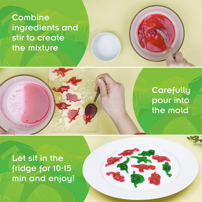 Step-by-step instructions showing how to make dinosaur gummy candies with mixing and molding process