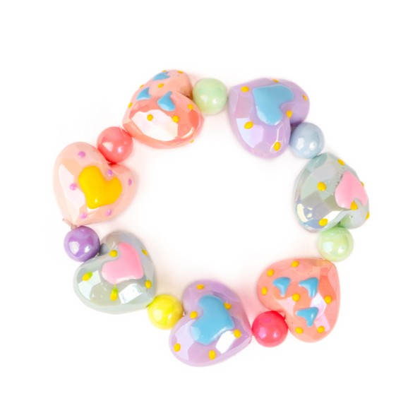 Colorful heart-shaped beaded bracelet with pastel colors and confetti details