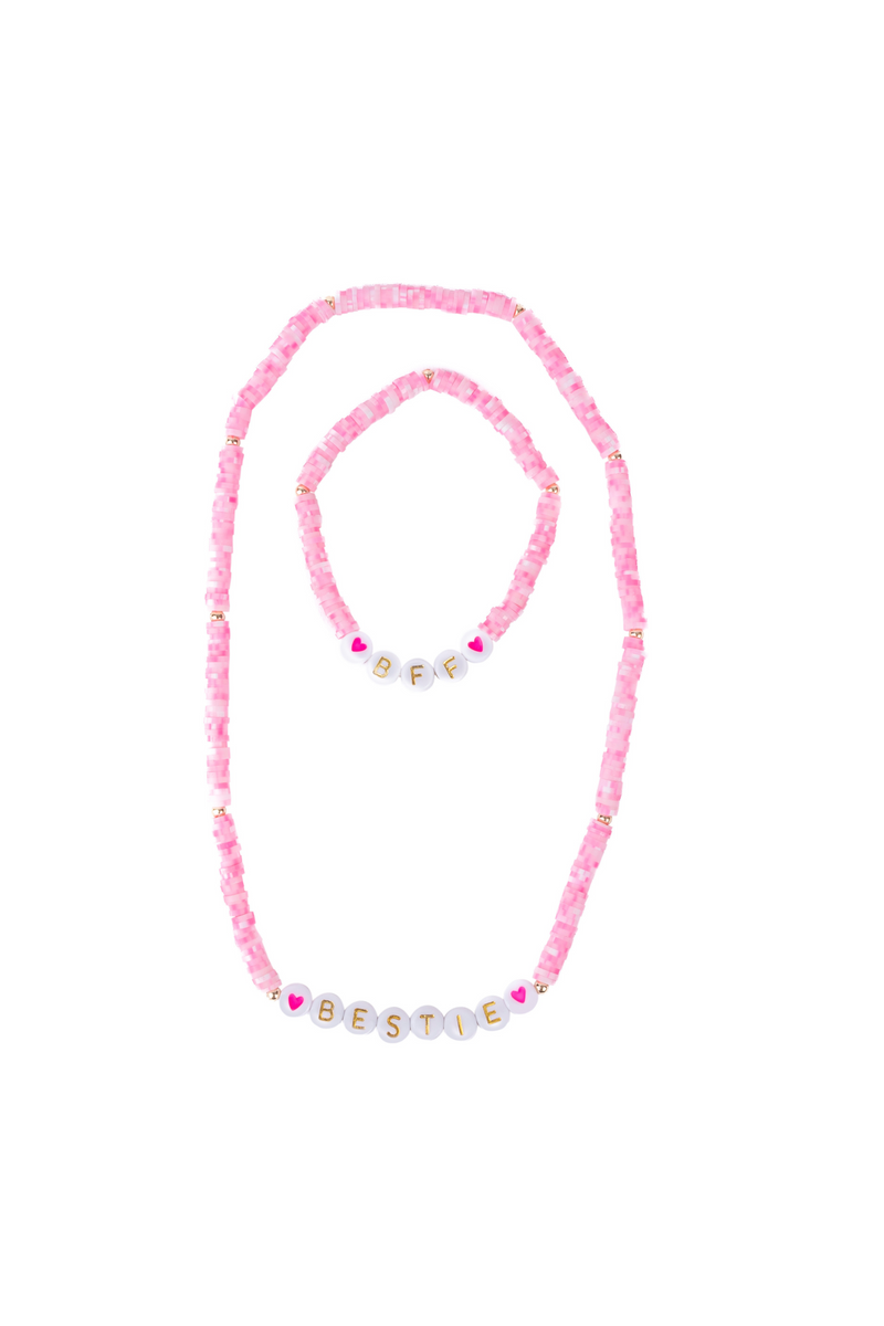 Pink beaded necklace and bracelet set with letter beads spelling BESTIE and BFF