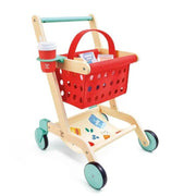 Wooden toy shopping cart with red basket, wheels, and pretend grocery items