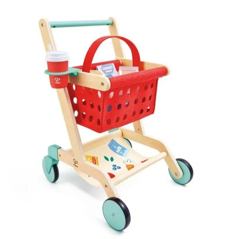 Wooden toy shopping cart with red basket, wheels, and pretend grocery items