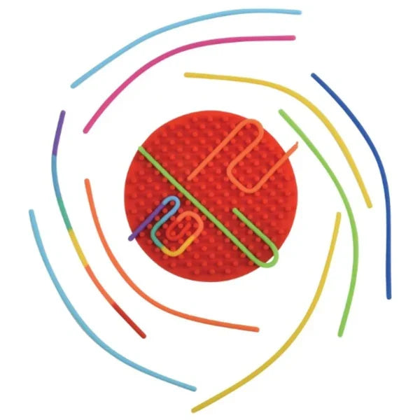 Red silicone fidget board with colorful paper clips and swirling rainbow arc decorations