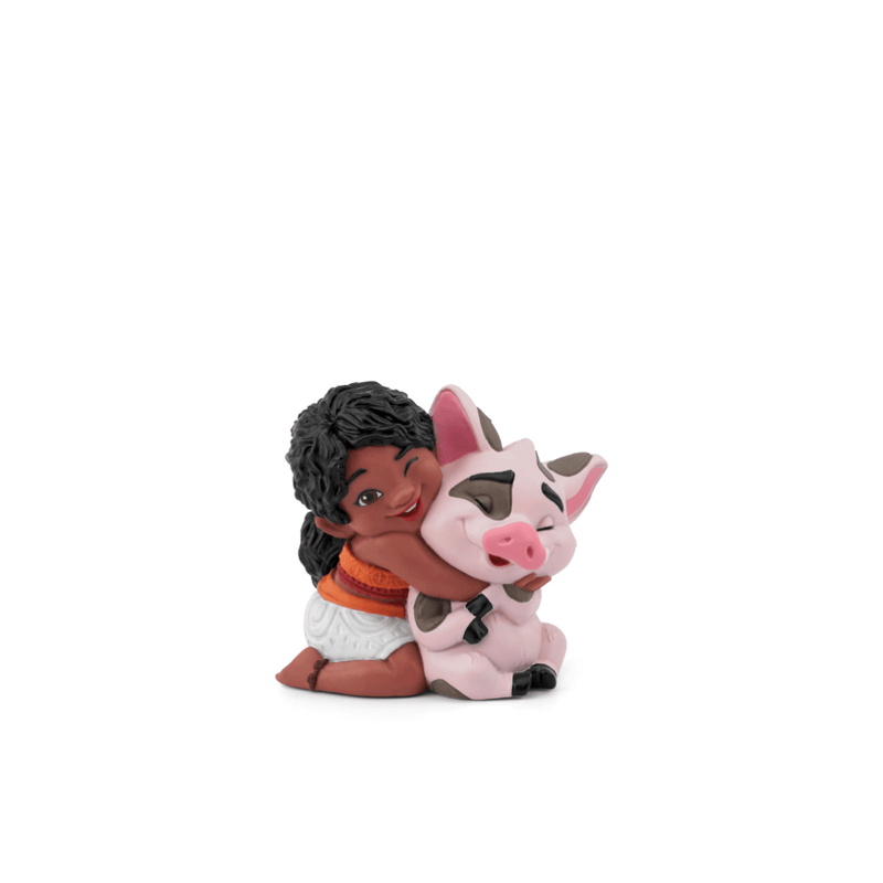 Disney Moana character figurine hugging pink pig Pua on white background