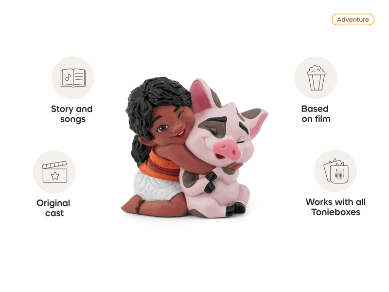 Tonie figurine showing Moana and Pua with adventure features highlighted