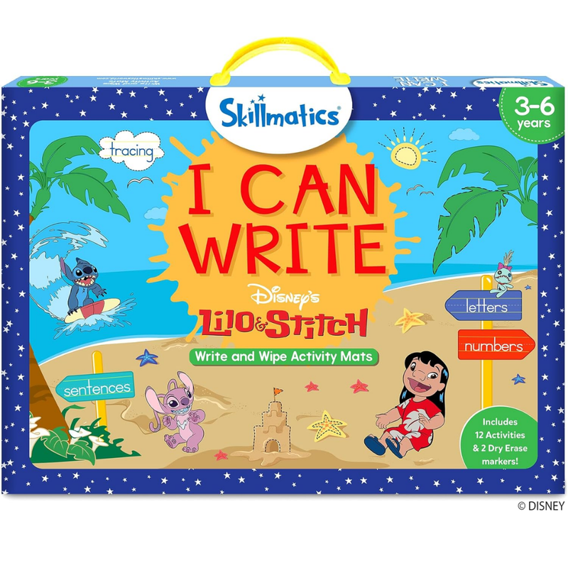 Skillmatics Lilo & Stitch Write and Wipe Activity Mats packaging with colorful design and characters.