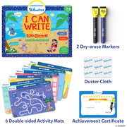 Skillmatics educational kit with activity mats, dry-erase markers, duster cloth, and achievement certificate on a white background.
