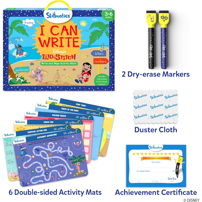 Skillmatics educational kit with activity mats, dry-erase markers, duster cloth, and achievement certificate on a white background.