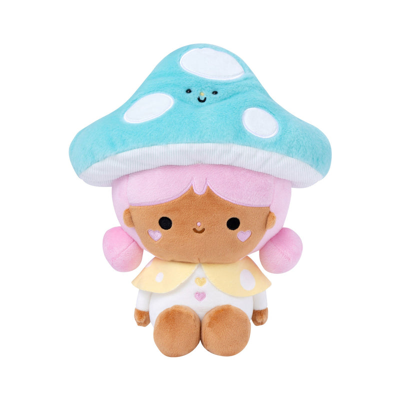 Cute mushroom-themed plush character with teal spotted cap and pink hair