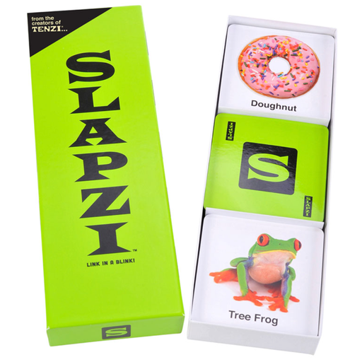 Slapzi game packaging with green box and card featuring a tree frog illustration.