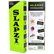 SLAPZI game box with green and black design and back of game box showing rules for game play on a white background.